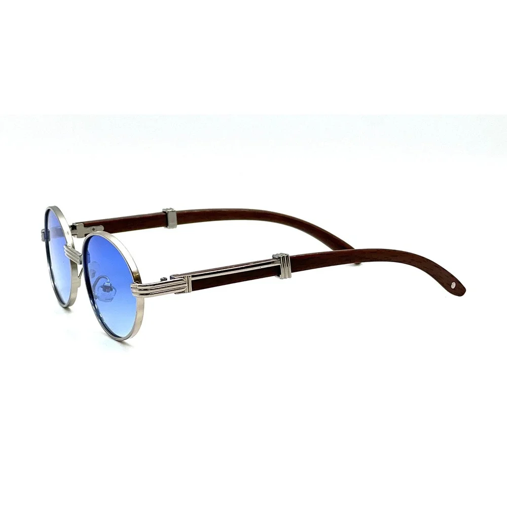 Round Blue Lens Sunglasses‎ Mens Wood Temple Metal Frame Fashion Eyewear LENTES
